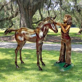 EQUESTRIAN GIRL WITH FOAL STATUE SET            NR