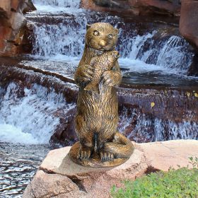 STANDING OTTER WITH FISH BRONZE STATUE