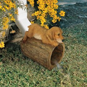 GOLDEN RETRIEVER ON LOG RAIN GUTTER