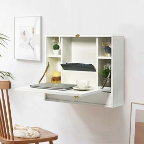 Fashion White Wall Mount Folding Laptop Desk Hidden Organizer Storage Space Saving With Drawers