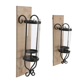 21 Inch Industrial Wall Mount Wood Candle Holder With Glass Hurricane, Set of 2, Black