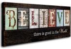 Believe Sign Inspirational Motto Canvas Prints,Motivational Quotes Canvas Wall Art for Living Room,Christian Wall Decor Wood Grain Background Painting