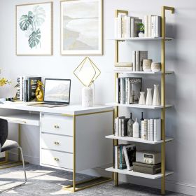 White Bookshelf; Trapez5-Tier Wall Mounted oidal Bookshelf with Gold Frame