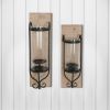 21 Inch Industrial Wall Mount Wood Candle Holder With Glass Hurricane, Set of 2, Black