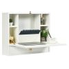 Fashion White Wall Mount Folding Laptop Desk Hidden Organizer Storage Space Saving With Drawers