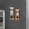 21 Inch Industrial Wall Mount Wood Candle Holder With Glass Hurricane, Set of 2, Black