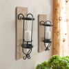 21 Inch Industrial Wall Mount Wood Candle Holder With Glass Hurricane, Set of 2, Black