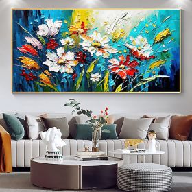 Handmade Oil Painting Canvas Wall Art Decor Original Colorful Blooming Flower painting Abstract Floral Painting for Home Decor (Size: 60x120cm)