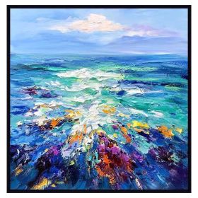 Modern Artist Painted Abstract Dark Blue Sea Oil Painting On Canvas Wall Art Frameless Picture Decor For Living Room Home Gift (Size: 80x80cm)