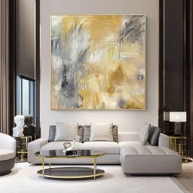 Yellow Gray Hand Painted Abstract Oil Canvas Painting Gold Wall Art Picture For Living Room Bedroom Home Decor (Size: 90x90cm)