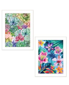 "Succulents Paradise & Tropical Flowers" 2-Piece Vignette by Stellar Design Studio, Ready to Hang Framed Print, White Frame (Color: as Pic)