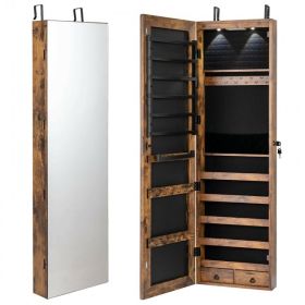 Wall and Door Mounted Mirrored Jewelry Cabinet with Lights (Color: Rustic Brown)