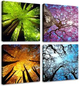 4 Panels Canvas Wall Art Spring Summer Autumn Winter Four Seasons Landscape Color Tree Painting Picture Prints Modern Giclee Artwork Stretched and Fra (Size: 12x12inchx4pcs ( 30x30cmx4pcs))